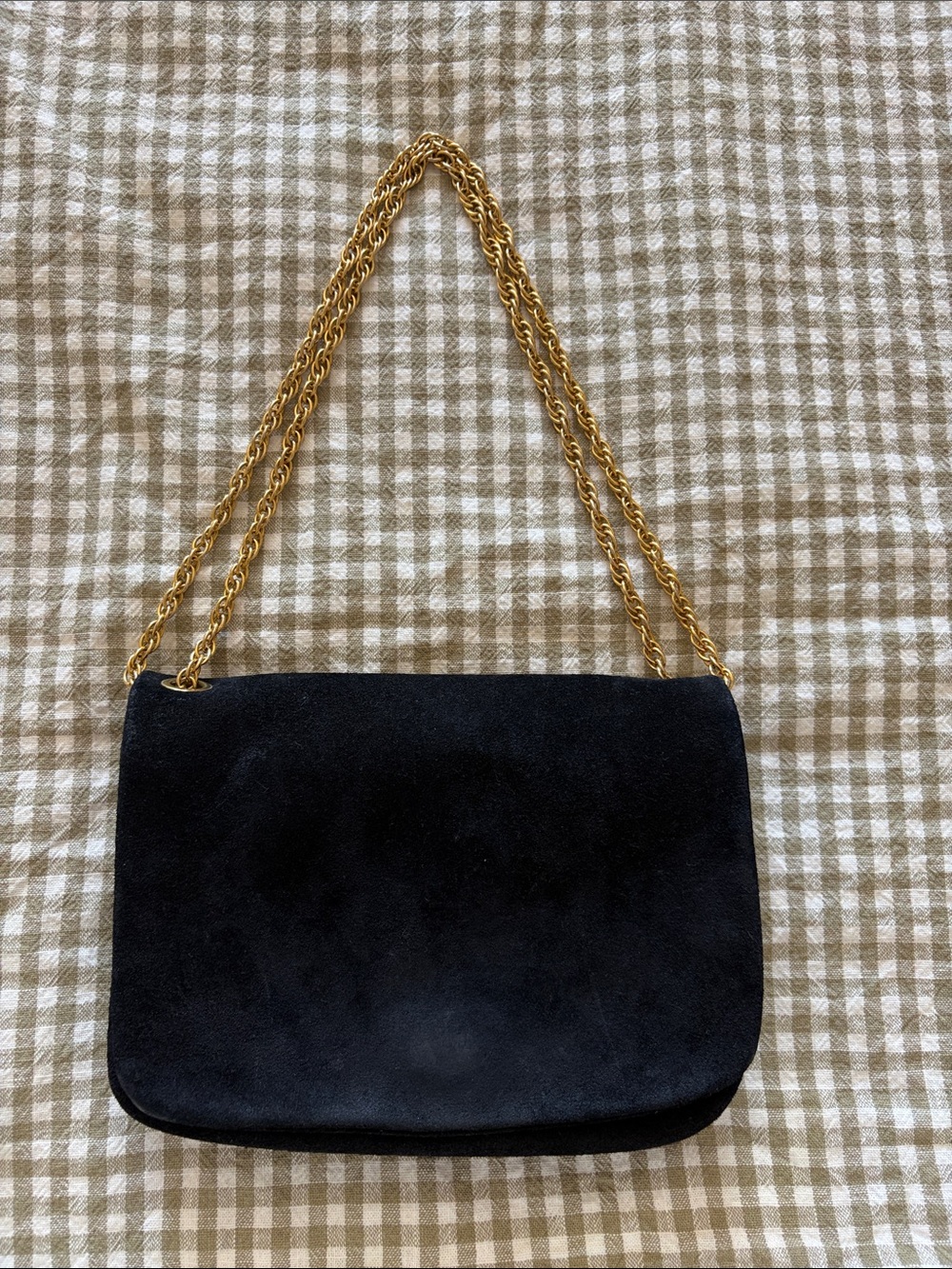 Vintage Black Suede Shoulder Bag with Gold Chain Strap